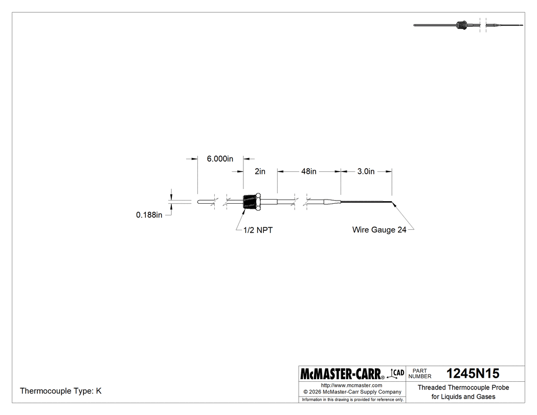 Technical Drawing of Threaded Thermocouple Probe for Liquids and Gases, Wire Leads, Type K, 1/2 NPT Male, 6" Long, 900°F Maximum .